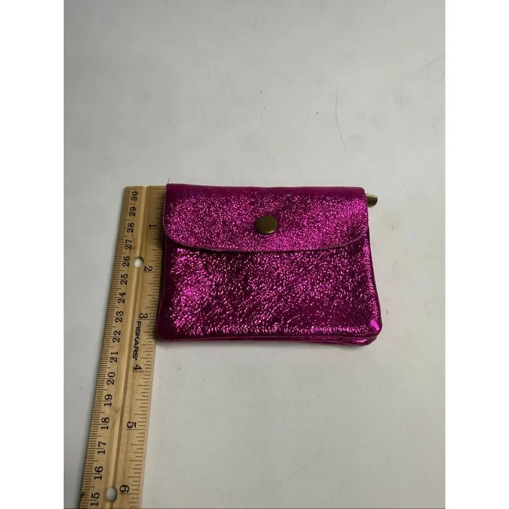 Genuine Leather Metallic Pink Wallet Zip Coin Pouch Compact Card Holder